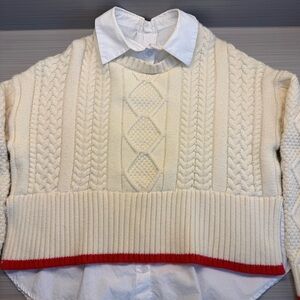Central Park West Brand Cream Cable Knit Sweater with Red Trim